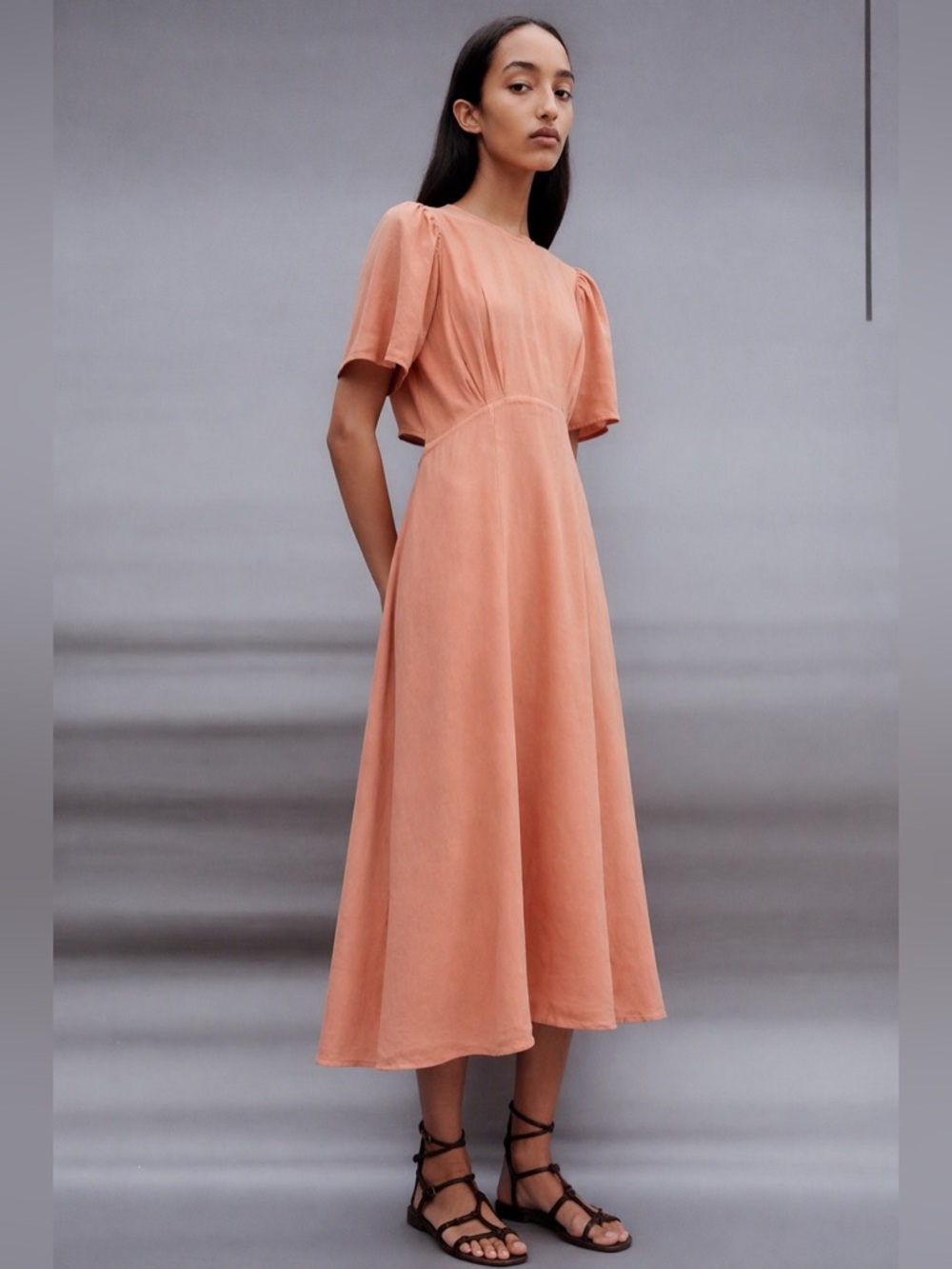 Zara Linen Blend Cutout Midi Dress Peach Coral Puff Sleeve XS - Picture 2 of 11